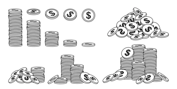 Gouden munt stapel overzicht set netjes geld bunche gouden munten pictogrammen contour hoop doodle financiën vector — Stockvector