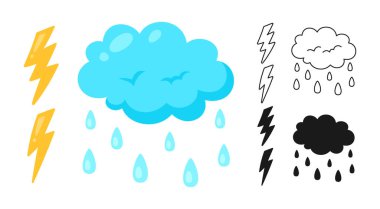 Cloud lightning icon set cartoon bad weather comic symbol cute thunderstorm vector clipart