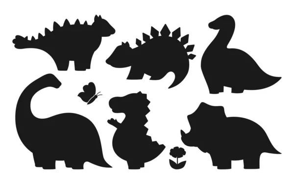 Dinosaur childish silhouette set reptile stamp stencil dino contour characte print design vector — Stock Vector