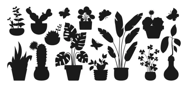 House plant in pot decorative silhouette set exotic houseplant flowerpot for interior flat vector Stock Illustration