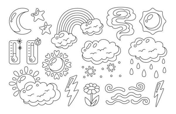Tempo doodle linha definir nuvens de sol lua estrela termômetro linear clima sinal meteorológico —  Vetores de Stock