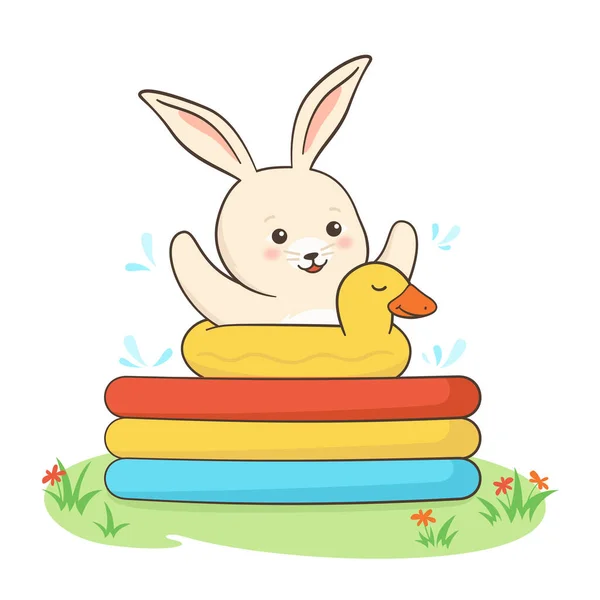 Conejo nadar piscina verano cartel conejito infantil agua actividades inflable pato liebre mascota — Vector de stock