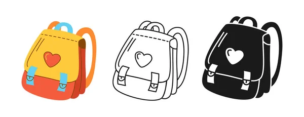 Mochila niños escuela icono dibujos animados línea dibujado sello garabato conjunto signo bolsa estudiante o turista símbolo — Vector de stock