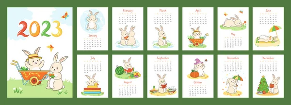Kalendář 2023 s organizátorem králičí plánovač pokrývá 12 stránky králičí charakter maskot rok kreslený zajíc — Stockový vektor