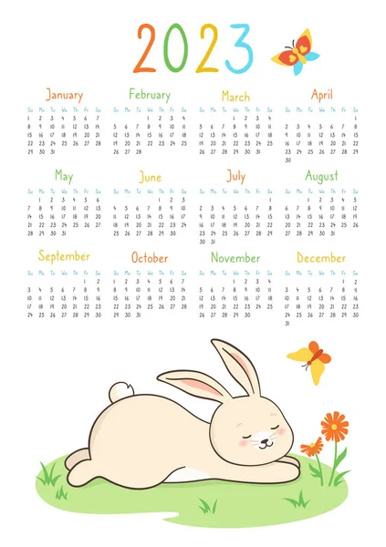 Календарь 2023 года с кроликом-планировщиком 12 месяцев организатор кролика мультфильм плакат персонаж талисман нового года — стоковый вектор