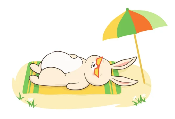 Occhiali da sole coniglio sdraiato sotto ombrello poster coniglietto personaggio infantile spiaggia rilassante lepre vettore — Vettoriale Stock