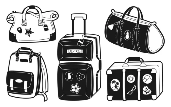 Voyage Sac à bagages ligne sceau impression ensemble Voyage timbre bagages vacances tourisme shopping glyphe vecteur — Image vectorielle