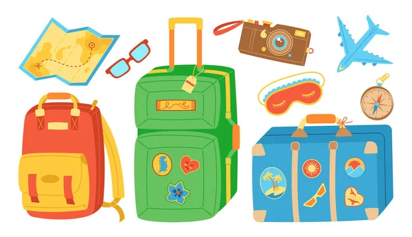 Viaje de vacaciones viaje línea de dibujos animados conjunto cámara equipaje maleta mapa avión moderno vacaciones de verano — Vector de stock