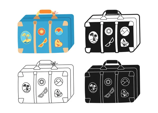 Maleta de viaje símbolo de dibujos animados doodle set equipaje bolsa línea signo viaje equipaje retro viejo icono vector — Vector de stock