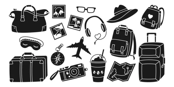 Viaje vacaciones viaje impresión signo conjunto símbolo vacaciones avión maleta icono kit memoria vector — Vector de stock
