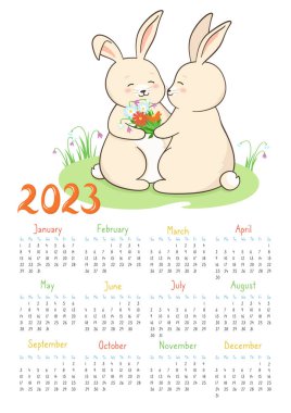 Takvim 2023 Tavşan planlayıcısı 12 aylık organizatör tavşancık çift tavşanlara çiçek maskotu yılı
