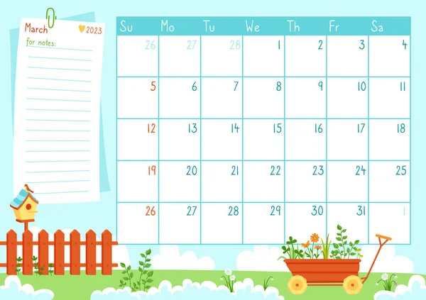 Marzo página calendario plantilla organizador 2023 año carro pajarera cuaderno de moda diario primavera memorándum — Vector de stock