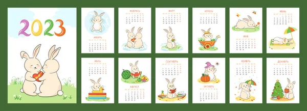 Kalendář 2023 Ruština s králičí plánovač organizátor králičí znak maskot symbol rok vektor — Stockový vektor