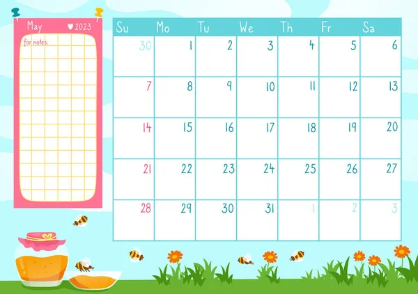 Mayo página calendario plantilla organizador 2023 año con tarro miel abeja planificador de eventos diario primavera memo — Vector de stock