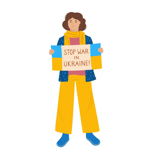 Остановить войну в Украине митинг Молодая женщина держать баннер или плакат нет военного характера политической встречи