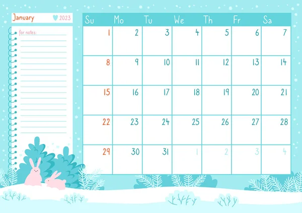 Leden kalendář šablona organizátor 2023 rok králíček události plánovač deník paměť papír samolepící poznámka — Stockový vektor
