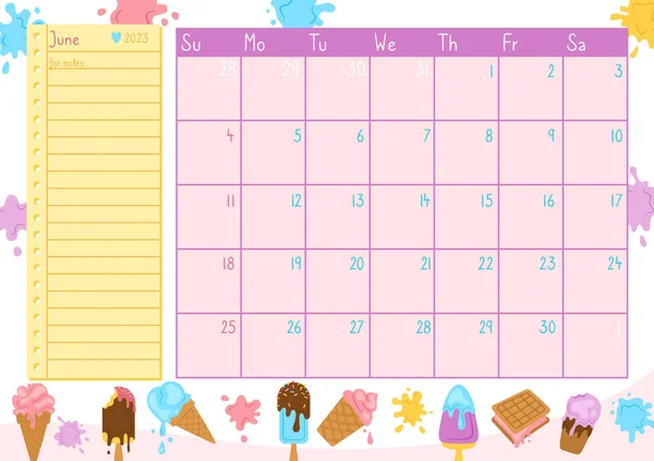 Červen stránka kalendář šablona organizátor 2023 rok zmrzlina plánovač událostí deník sladké letní poznámka — Stockový vektor