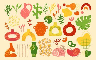 Soyut şekil seramik kap nesneleri el çizimi boho tasarımı element vazo sürahi kavanoz grunge dokusu