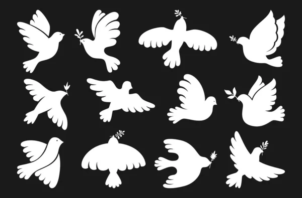 Friedenssymbol Taubenform gesetzt fliegender Vogel Taube Olivenzweig Zeichen Freiheit Menschlichkeit friedliches Emblem — Stockvektor