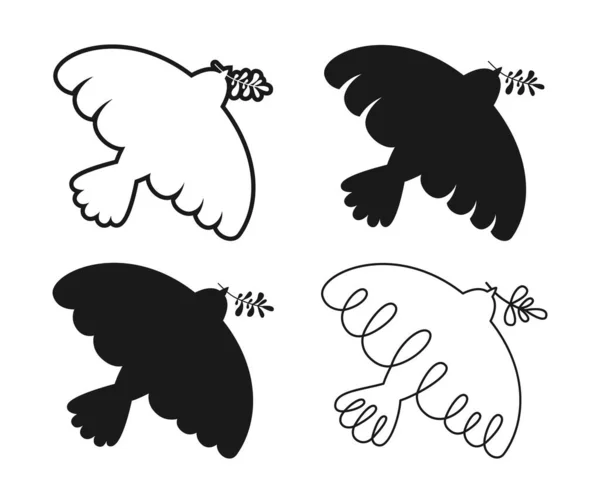 Símbolo de paz pomba com carimbo de silhueta de ramo de oliveira pássaro voador doodle set nenhum ícone de pombo signo de guerra —  Vetores de Stock