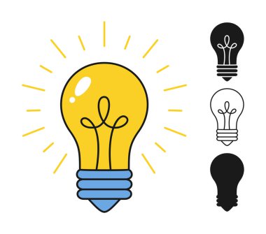 Light retro bulb icon, glass lamp stamp doodle outline set lightbulb shine symbol idea creativity