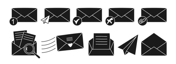 Levél boríték jel sziluett készlet új üzenet ikon levél levelezés e-mail értesítés postaláda vektor — Stock Vector