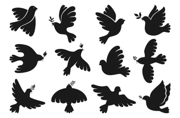Fred symbol duva silhuett uppsättning flygande fågel oliv gren ikon frihet mänsklighet fredlig inget krig tecken — Stock vektor