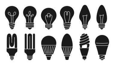 Ampul silueti kabartma seti. Retro cam lamba, ekoloji sarmalı ekonomi enerjisi tasarruf ampulü pulu. Sembol fikri ve yaratıcılık, yenilik, modern icat. Elektrik ampul vektörü kaydediliyor