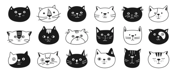 Cat Head Emotion Sketch Doodle Character Set Cute Kitten Kawaii — Stock Vector
