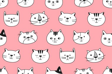 Kedi kafası duygularının kusursuz şekli. Şirin kedi yavrusu Kawaii sonsuz soyut albüm ile karşı karşıya. Komik kediler çocukça tekrarlanan süsler. Bebek çizgi film baskı şablonu duvar kağıdı, ambalaj, kumaş tekstil baskısı
