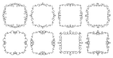 Girdap çerçeve kaligrafik tasarım unsuru filigran seti. Dekoratif vintage ayırıcı, süs girdapları çerçeveler. Klasik sınırlar bukleleri dekorasyon düğün dekorasyonu, romantik dekoratif parşömen etiketi