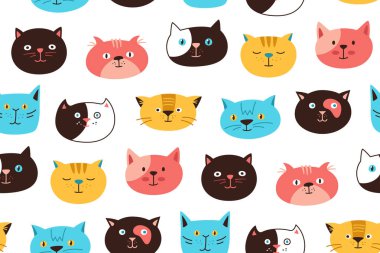 Kedi kafası duygu çizgi filmlerinin sınırsız dokusu. Şirin kedi yavrusu Kawaii sonsuz tasarım albümüyle karşı karşıya. Komik kediler çocuksu bebek karalamaları tekrar eden süsler. Arkaplan yazdırma şablonu duvar kağıdı, ambalaj, tekstil
