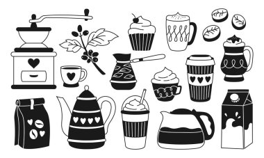 Kahve fincanı içeceği, fasulye ve kahve fincanı pulu. Kahvaltı kapuçino espresso kupası, kek ve çaydanlık, paket sütlü kahve. Kırsal Arap öğütücü. Doğrusal vektör sembolü kahve evi menüsü