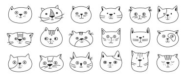 Kedi kafası duygu çizimi karakter seti. Şirin, gülümseyen kedi yavrusu Kawaii 'nin yüz hatları sembolü. Kediler komik çocuksu bebek karalaması düz çıkartma. Kartlar, posterler ve kapaklar için izole edilmiş Clipart baskı şablonu