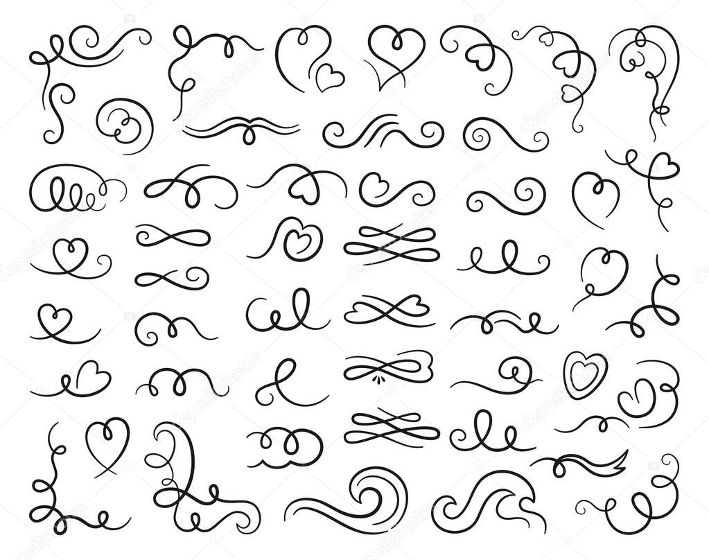 Swirl ornament filigree calligraphic set. Vintage swirling curls flourishes decoration. Modern wedding decor, classic decorative swirles scroll element design. Divider for menu, invitation card