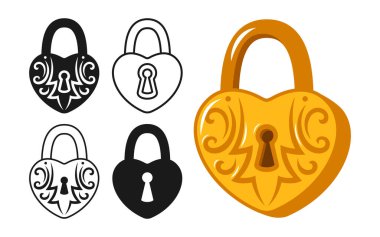 Kilit kalp şeklinde altın vintage ikon seti. Güvenlik ve güvenlik sembolü koruma unsuru için eski asma kilit. Metal karikatür parlak kilitler logo, oyun, ağ veya uygulama için işaret dili gizlilik şifrelemesi