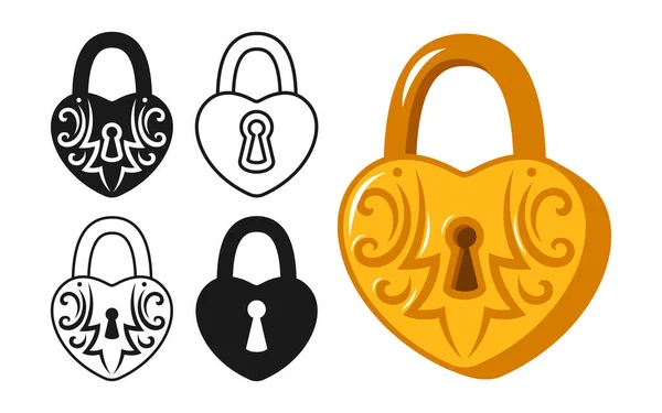 Lock heart shaped golden vintage icon set. Old padlock for safety and security symbol protection design element. Metal cartoon shiny locks sign for logo, game, web or app ui locking privacy encryption