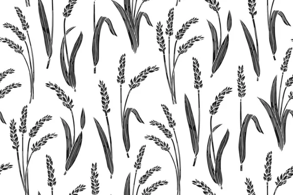 Wheat Ear Engraving Seamless Pattern Cereals Ink Stamp Ripe Spike — Vetor de Stock