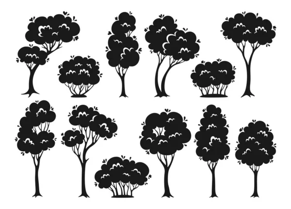 Bomen Struik Cartoon Silhouet Set Abstract Gegraveerde Groenblijvende Gestileerde Plant — Stockvector