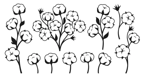 Cotton Flower Branch Monochrome Set Emblem Natural Blossom Fluffy Fiber — 스톡 벡터
