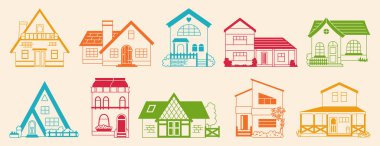 Evin önü düz çizgi karalama seti. Renkli cephe köyü ya da şehir, küçük ve küçük evler. Modern ya da eski, rahat binaların simgesini inceleyin. Yerleşim yeri, kulübe ya da villa cephesi dairesi