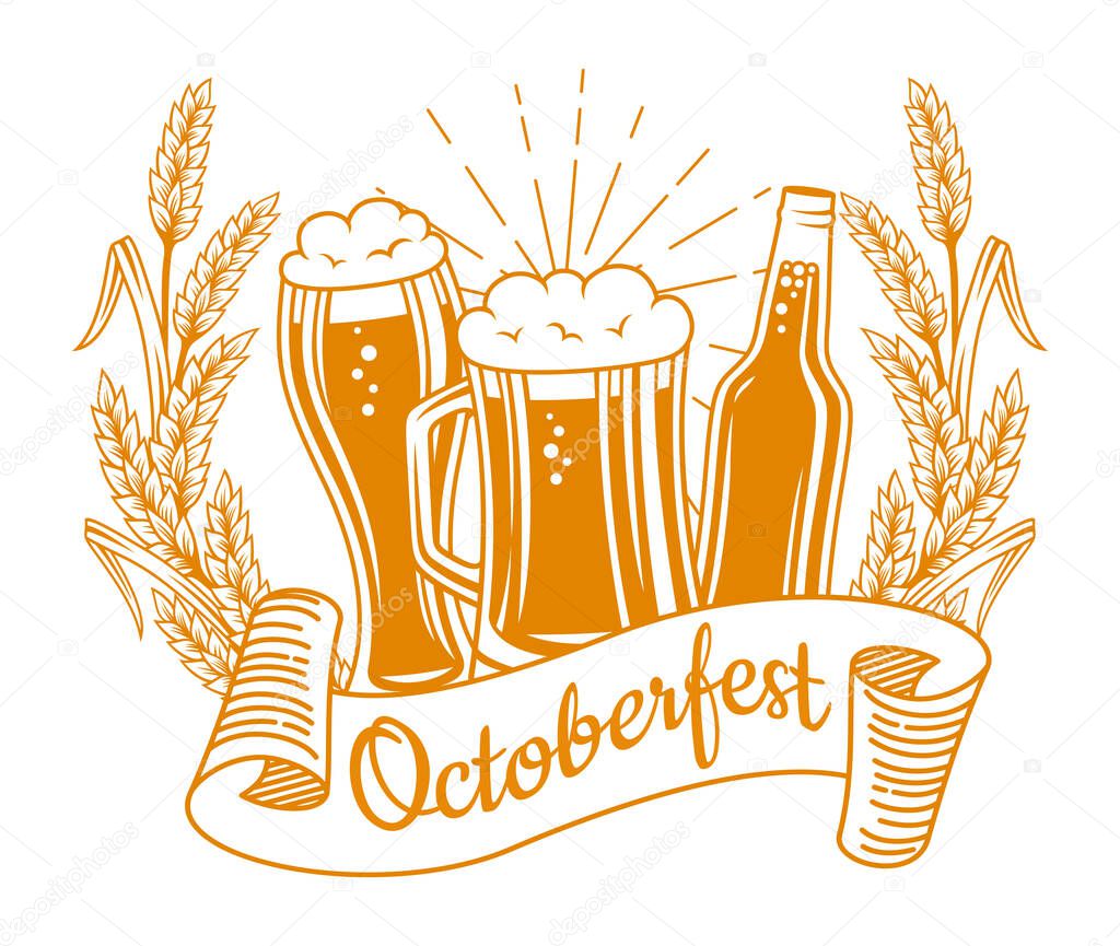 Beer festival advertisement engraving monochrome poster, Oktoberfest template. Vintage card glass bottle, cup and wheat ear hop, tap. Retro design alcohol bar craft background, brewing banner vector