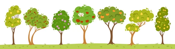 Fruit Tree Garden Flat Cartoon Set Abstract Different Orchard Trees - Stok Vektor