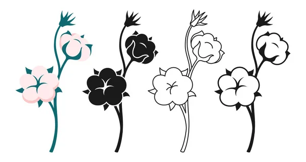 Cotton Flower Branch Emblem Set Cartoon Engraved Ink Stamp Linear — Διανυσματικό Αρχείο