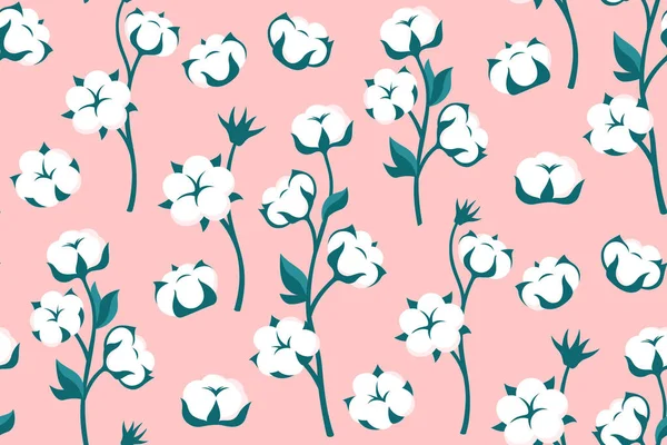 Cotton Flower Branch Cartoon Seamless Pattern Natural Blossom Fluffy Fiber — стоковый вектор