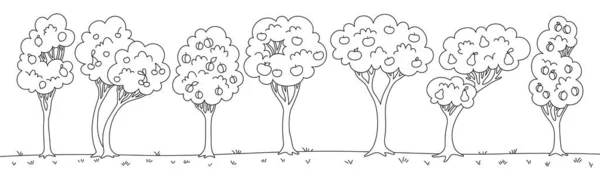 Fruit Tree Garden Doodle Cartoon Set Flat Linear Different Orchard — Archivo Imágenes Vectoriales