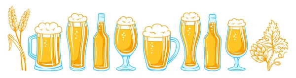 Beer Bottle Glass Mugs Retro Set Hop Wheat Ear Alcohol — Vector de stock