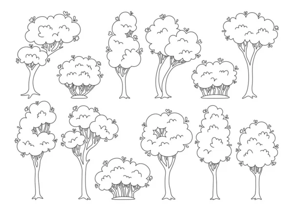 Δέντρα Και Σκηνικά Καρτούν Θάμνους Αφηρημένη Γραμμική Αειθαλής Στυλιζαρισμένη Βοτανική — Διανυσματικό Αρχείο