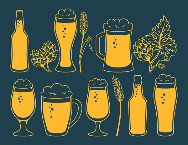 Beer Bottle Glass Mugs Retro Doodle Monochrome Set Hop Wheat — Vector de stock