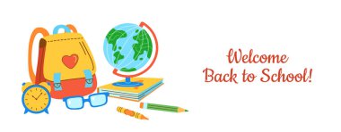 Back to School welcome banner. Web page design template poster template with learning school supplies. Advertisement background education objects for student invitation, backpack, alarm clock, globe